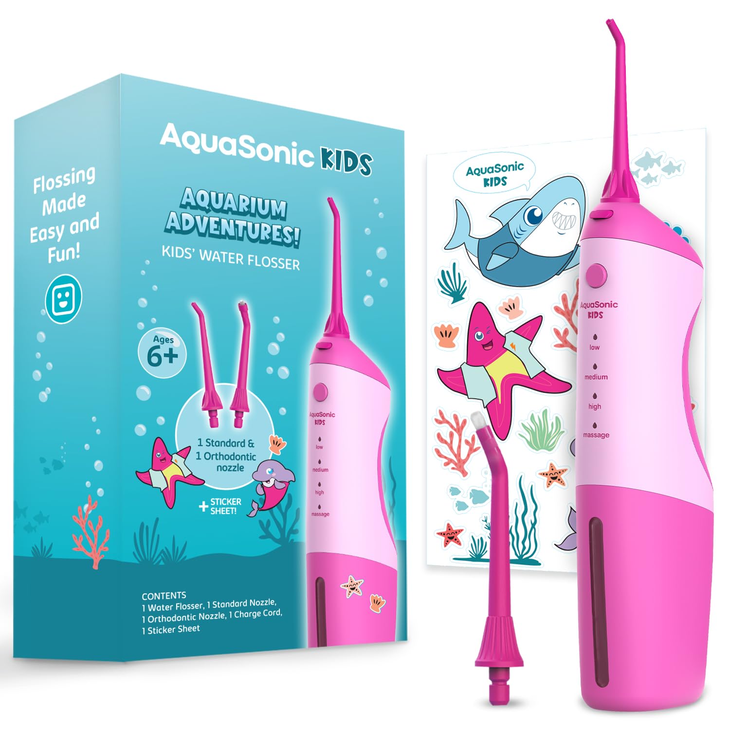 AquaSonic Kids' Water Flosser for Ages 6+ | Standard Nozzle, Orthodontic Nozzle & Waterproof Stickers | 4 Flossing Modes | Aquarium Adventures Theme (Blue)