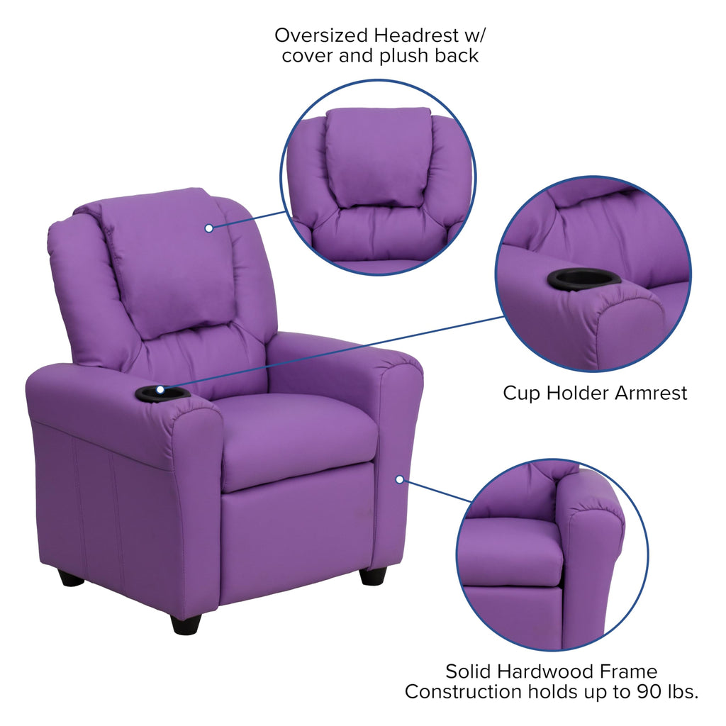 Flash Furniture Vana Vinyl Kids Recliner with Cup Holder, Headrest, and Safety Recline, Contemporary Reclining Chair for Kids, Supports up to 90 lbs., Beige