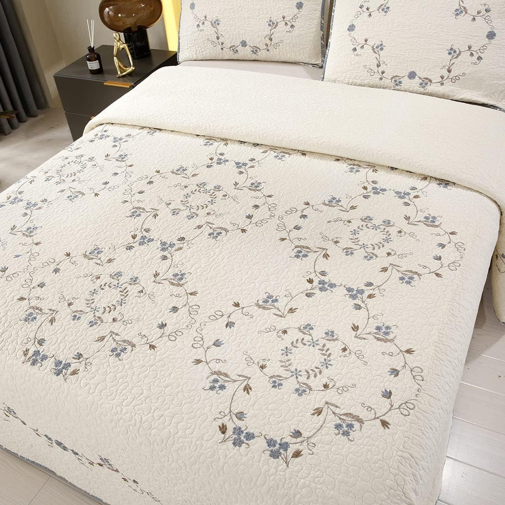 vctops 3-Piece Floral Embroidered Bedspread Coverlet Set Twin Size 100% Cotton Reversible Patchwork 1 Quilt and 2 Pillow Shams (Flower,Twin)