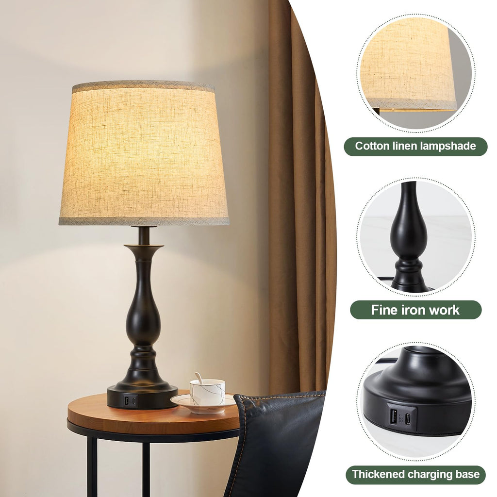 Bedside Table Lamp Touch Control Bedroom Lamps with USB A and C Charging Port 3 Way Dimmable Touch Lamps for Nightstand Living Room Bedroom Dorm Home Office Reading, Set of 2