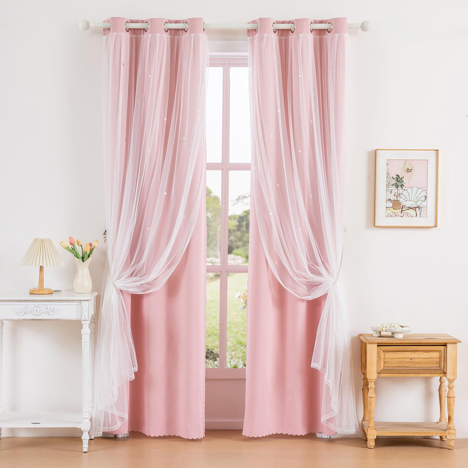 Anytime Star Cut-Out Blackout Curtains for Bedroom 2 Panels,2-Layers Mix Design of Fabric & Tulle,Pretty Pure Color Window Curtain for Kids Room(W35 x L45,LPink)