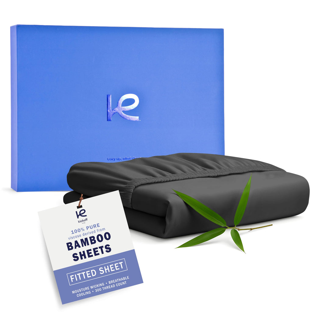 Kickoff Viscose Bamboo Fitted Sheet Twin Size, 100% Organic Cooling Sheets Fitted ONLY Viscose Bamboo Sheets Twin Size Bed Sheet for Hot Sleepers, Extra Deep Pocket, 4 Corner Strap (T, Onyx Black)