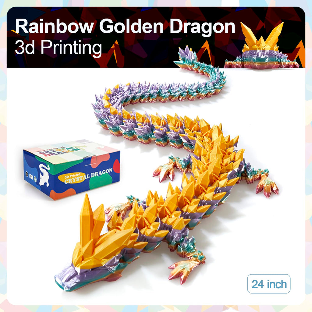 24" Large 3D Printed Dragon - Huge Articulated Crystal Dragon Fidget Toy, Giant Flexible 3D Dragon Figure, Birthday Gift for Boys Girls Kids & Collectors, Home Office Executive Desk Decor