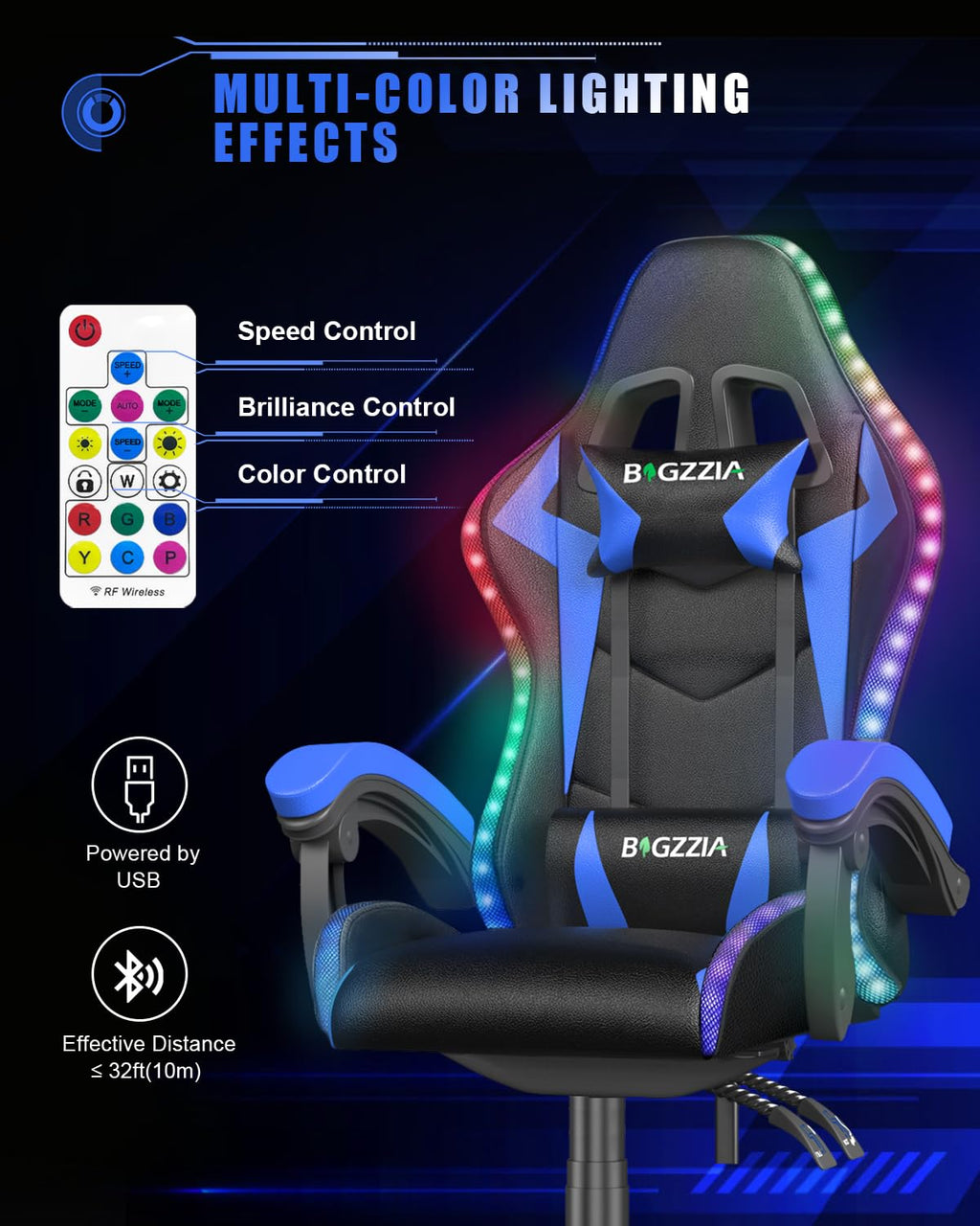 Bigzzia Gaming Chair with RGB LED Lights for Kids & Adults, High Back Ergonomic Computer Gamer Chair with Headrest and Lumbar Support, Racing Style Reclining Game Chair(Black)