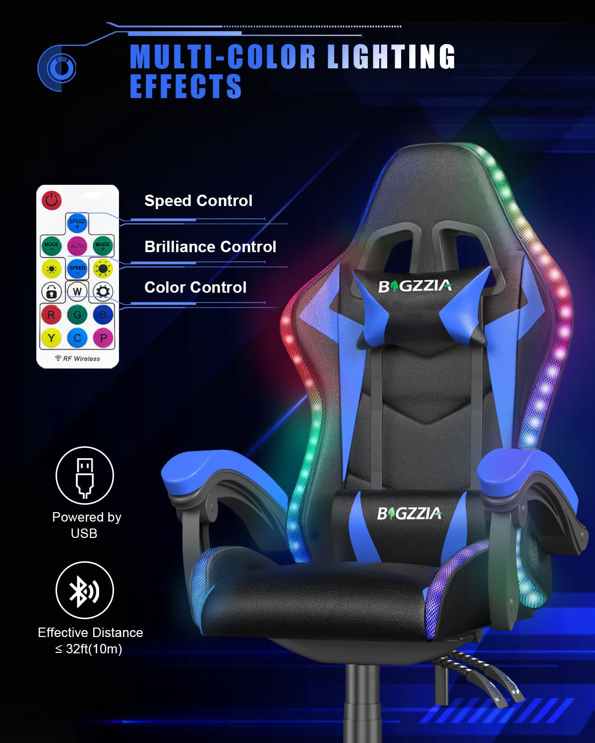 Bigzzia Gaming Chair with RGB LED Lights for Kids & Adults, High Back Ergonomic Computer Gamer Chair with Headrest and Lumbar Support, Racing Style Reclining Game Chair(Black)