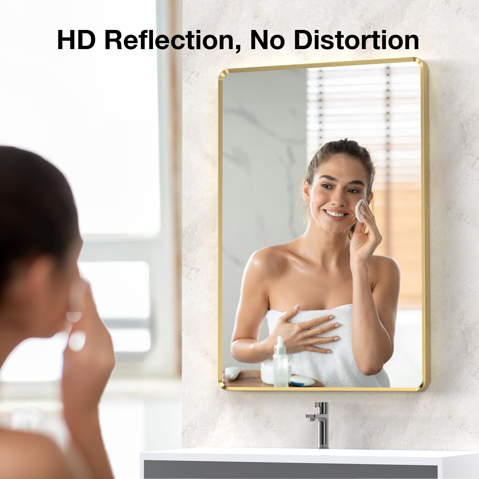 22x30 inch Gold Bathroom Mirror,Rounded Rectangle Gold Metal Framed, HD Tempered Glass, Horizontal or Vertical Hanging, Modern Bathroom Decor