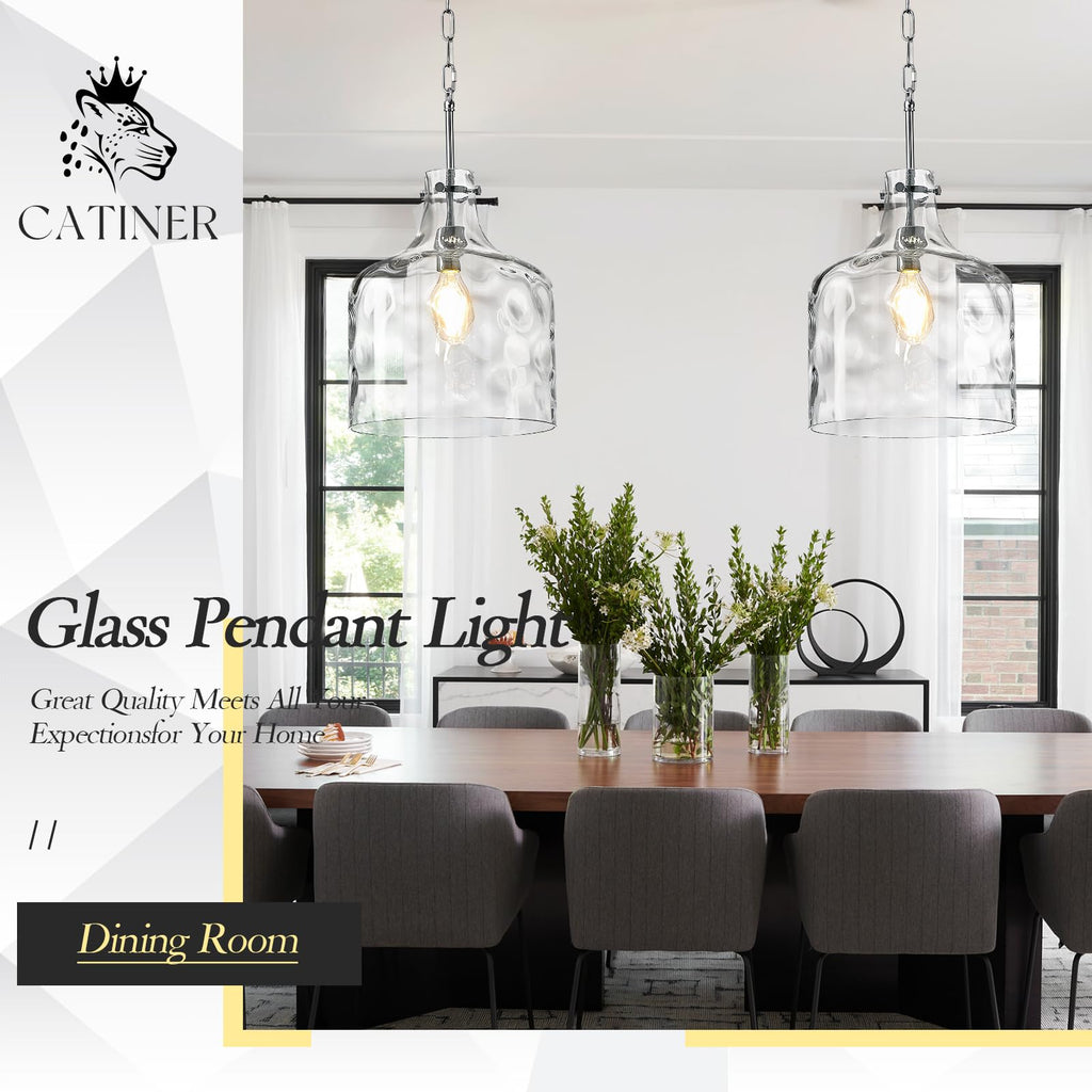 Glass Large Pendant Lights for Kitchen Island Blown Glass Pendant Light Clear Hammered Shade Hanging Ceiling Lights with Black Finish for for Kitchen Island, Sink, Hallway, Living Room 11 inch