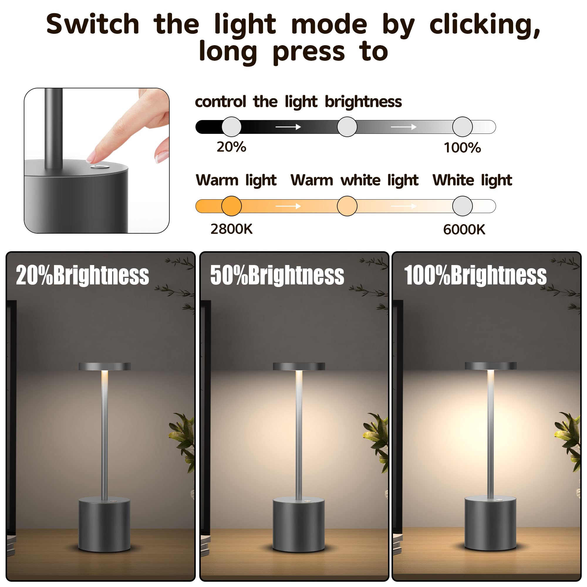 2Pack Cordless Table Lamp, Rechargeable LED Battery 5000mAh Metal USB Portable Powered Desk Lamp, 3 Levels Brightness Light for Restaurants Outdoor (2pack 10.25in Titanium)