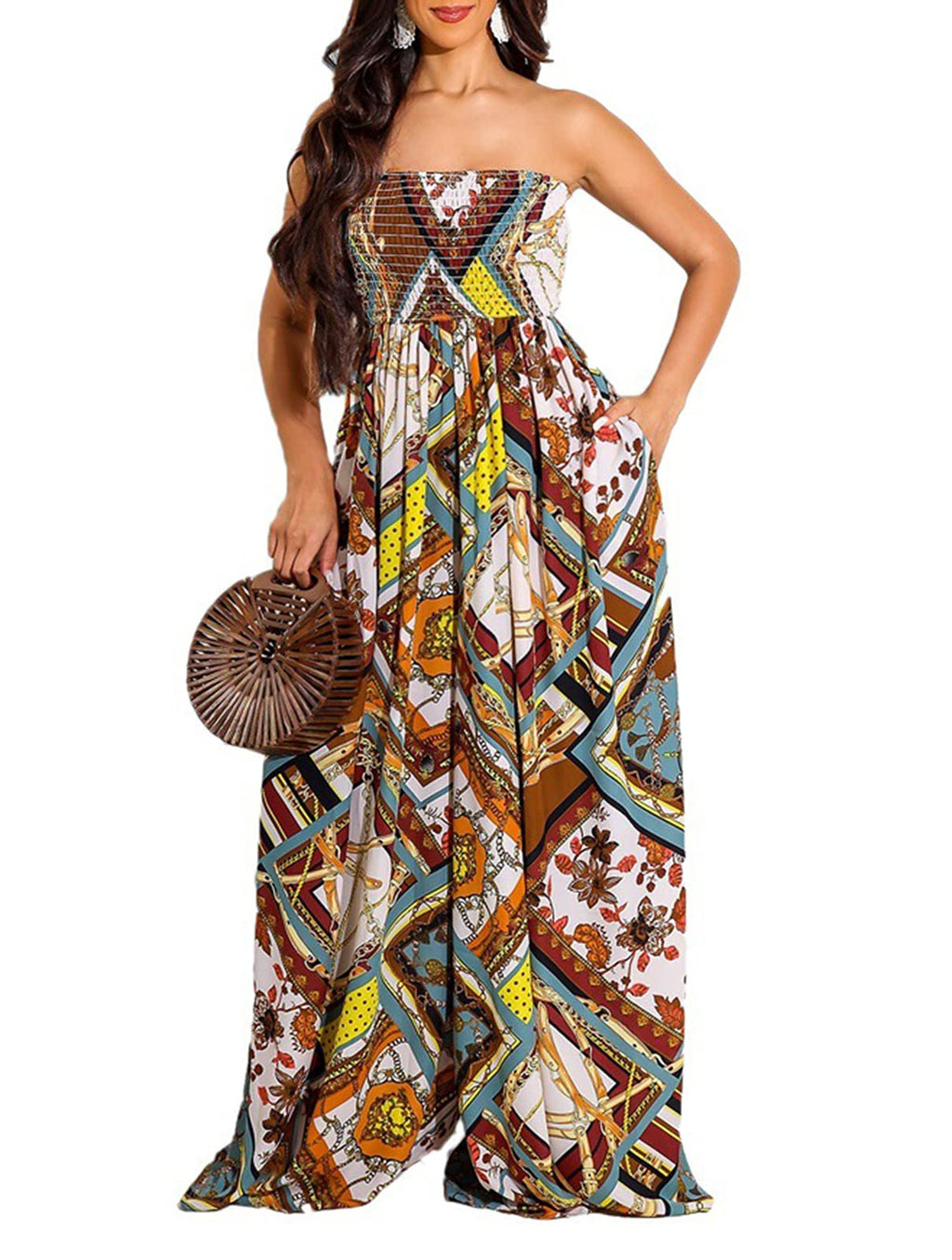 Ophestin Women's Strapless Tube Wide Leg Jumpsuits Smocked Women Jumpsuits Dressy Casual Flowy One Piece Jumpsuits Rompers
