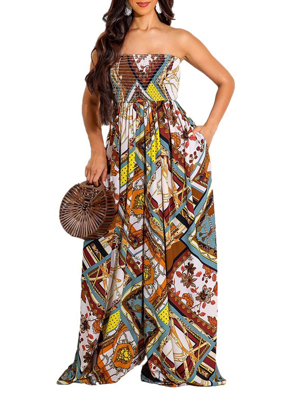 Ophestin Women's Strapless Tube Wide Leg Jumpsuits Smocked Women Jumpsuits Dressy Casual Flowy One Piece Jumpsuits Rompers