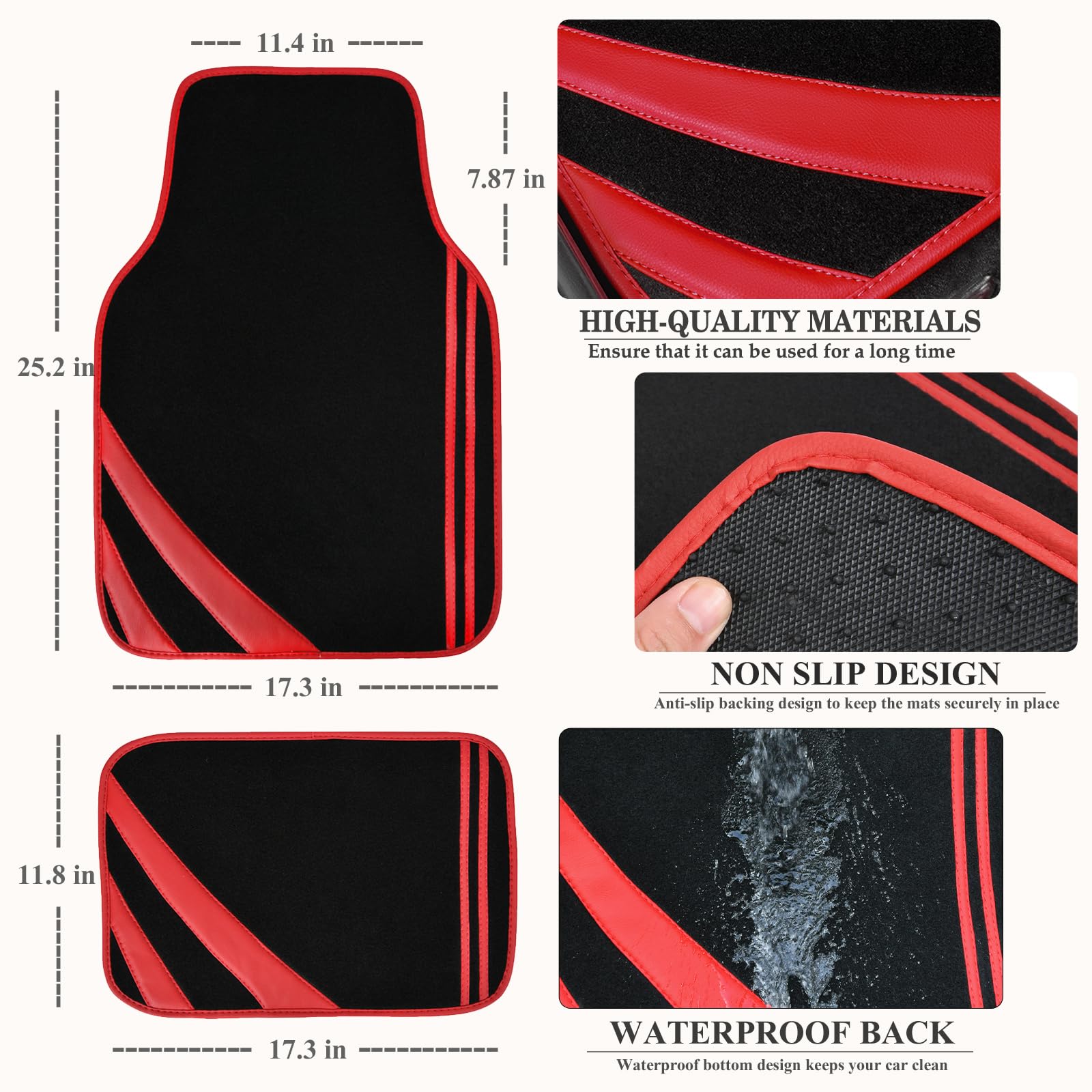 CAR PASS Car Seat Covers Full Set for Women Girls with Waterproof Car Floor Mats,Anti-Slip Leather Steering Wheel Cover,Universal Fit for SUVs,Vans,Trucks,Sedans,Cars (Combo Set,Black & Pink)