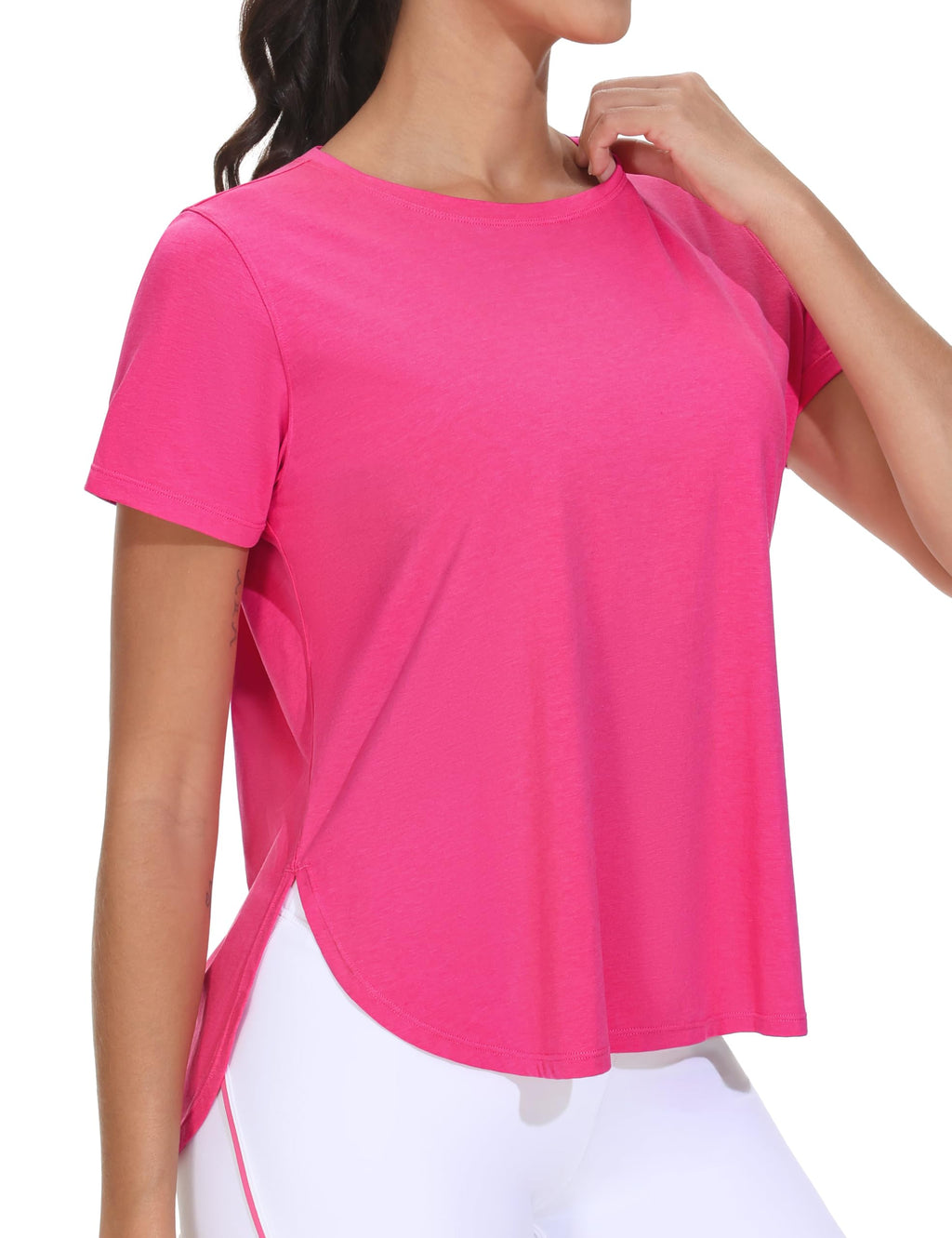 THE GYM PEOPLE Women's Workout T-Shirts Loose Fit Short Sleeve Cotton Running Basic Tee Tops with Split Hem