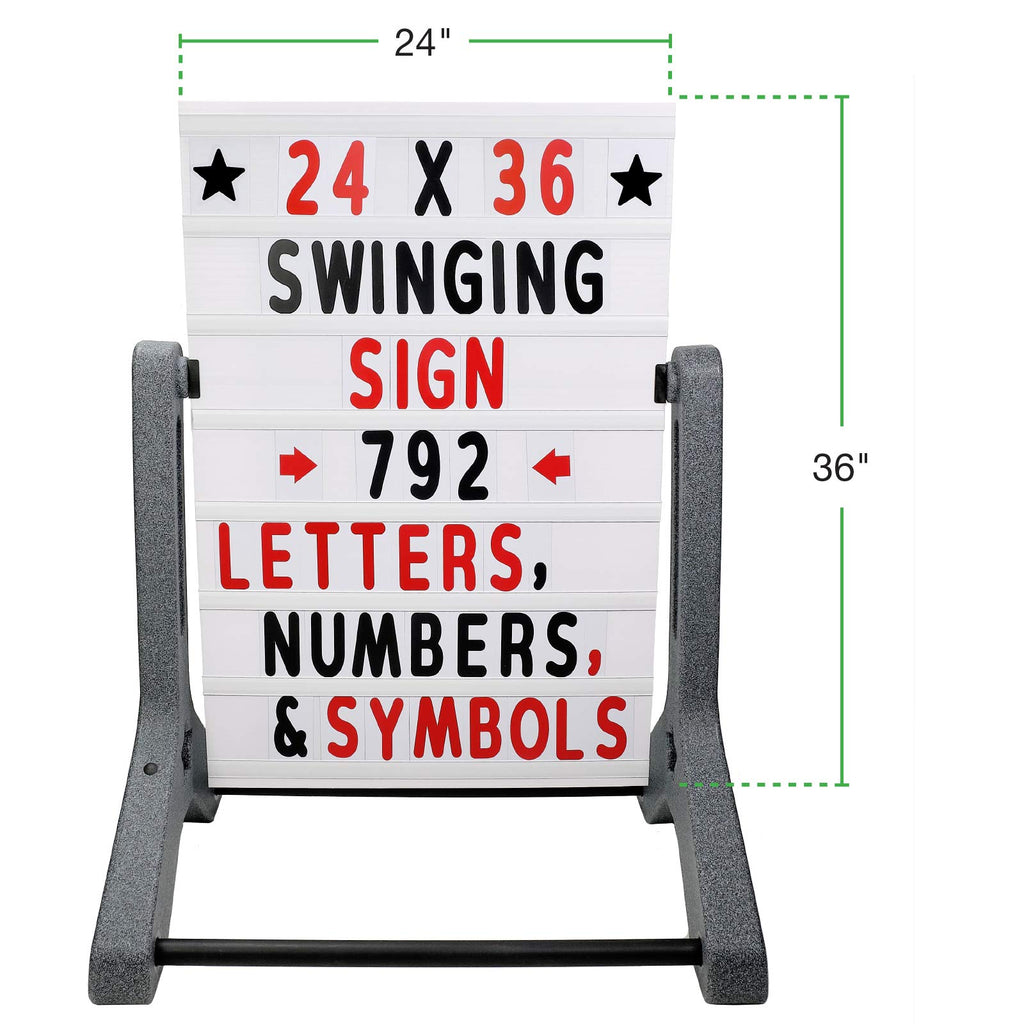 Swinging Changeable Message Sidewalk Sign: 24" x 36" Sign with 792 Pre-Cut Double Sided Letters and Storage Box. Includes Black Board & Letter Board (Black Color Legs)