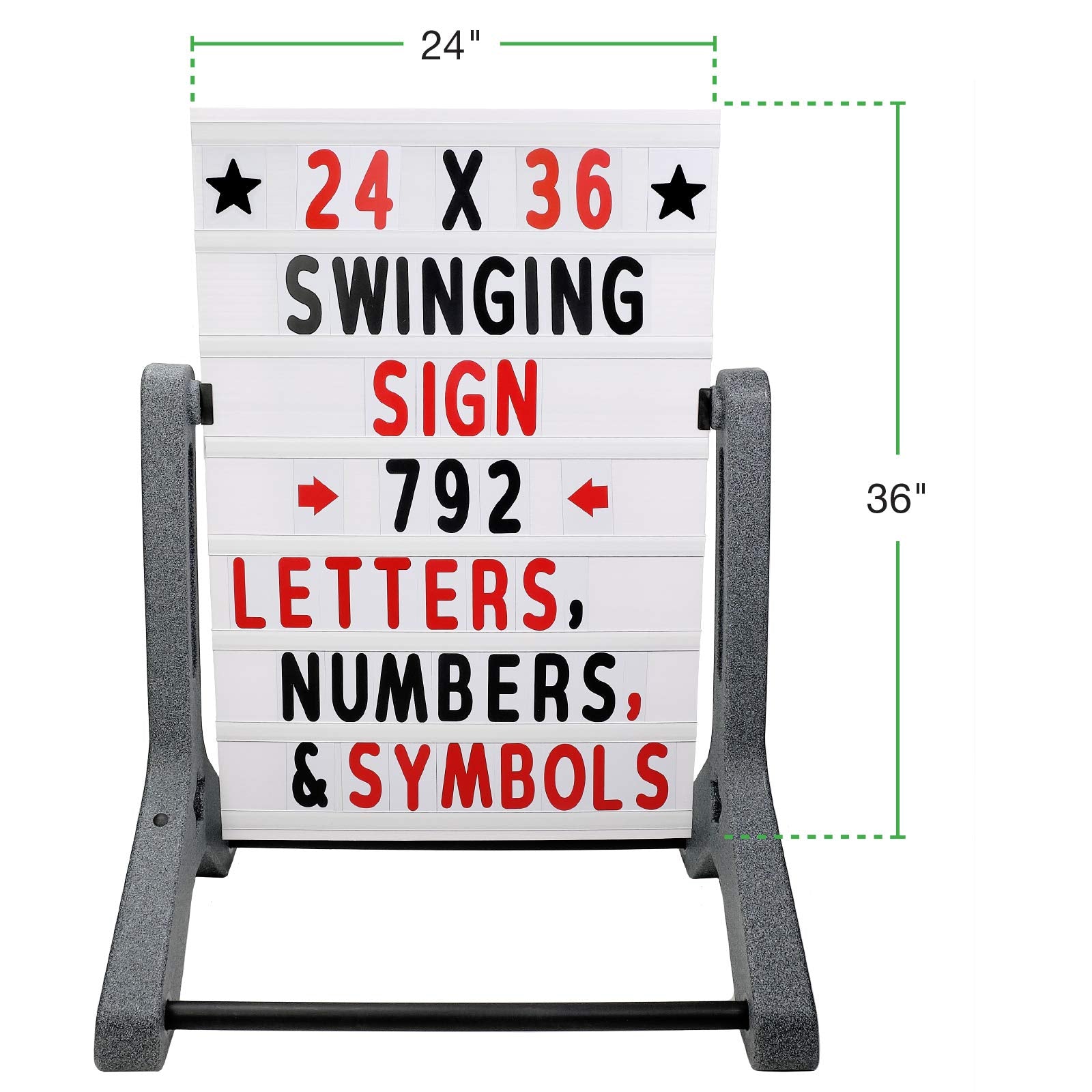 Swinging Changeable Message Sidewalk Sign: 24" x 36" Sign with 792 Pre-Cut Double Sided Letters and Storage Box. Includes Black Board & Letter Board (Black Color Legs)