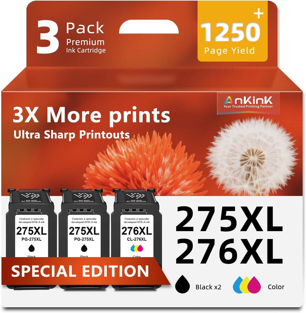 Ankink 275XL 276XL 3-Pack Compatible Ink Cartridge Replacement for Canon PG 275 CL 276 XL PG275XL CL276XL PG275 CL276 XL (2 Black & 1 Color) for TS3522 TR4720 TR4700 TR4722 TS3500 TS3520 Printer