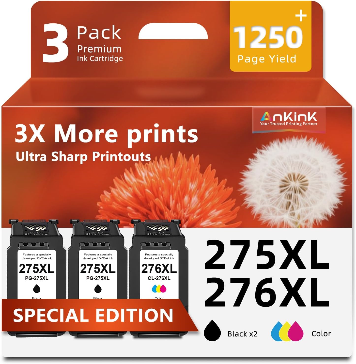 Ankink 275XL 276XL 3-Pack Compatible Ink Cartridge Replacement for Canon PG 275 CL 276 XL PG275XL CL276XL PG275 CL276 XL (2 Black & 1 Color) for TS3522 TR4720 TR4700 TR4722 TS3500 TS3520 Printer