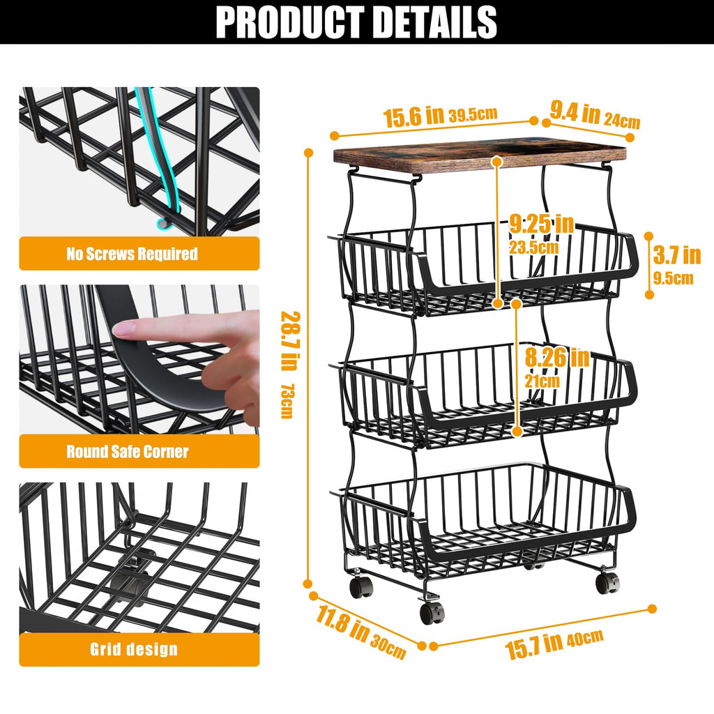 Gsiekare Fruit Vegetable Basket for Kitchen, 4 Tier Stackable Fruit Vegetable Storage Baskets with Wheels, Metal Wire Storage Basket Organizer Baskets for Kitchen, Pantry, Bathroom