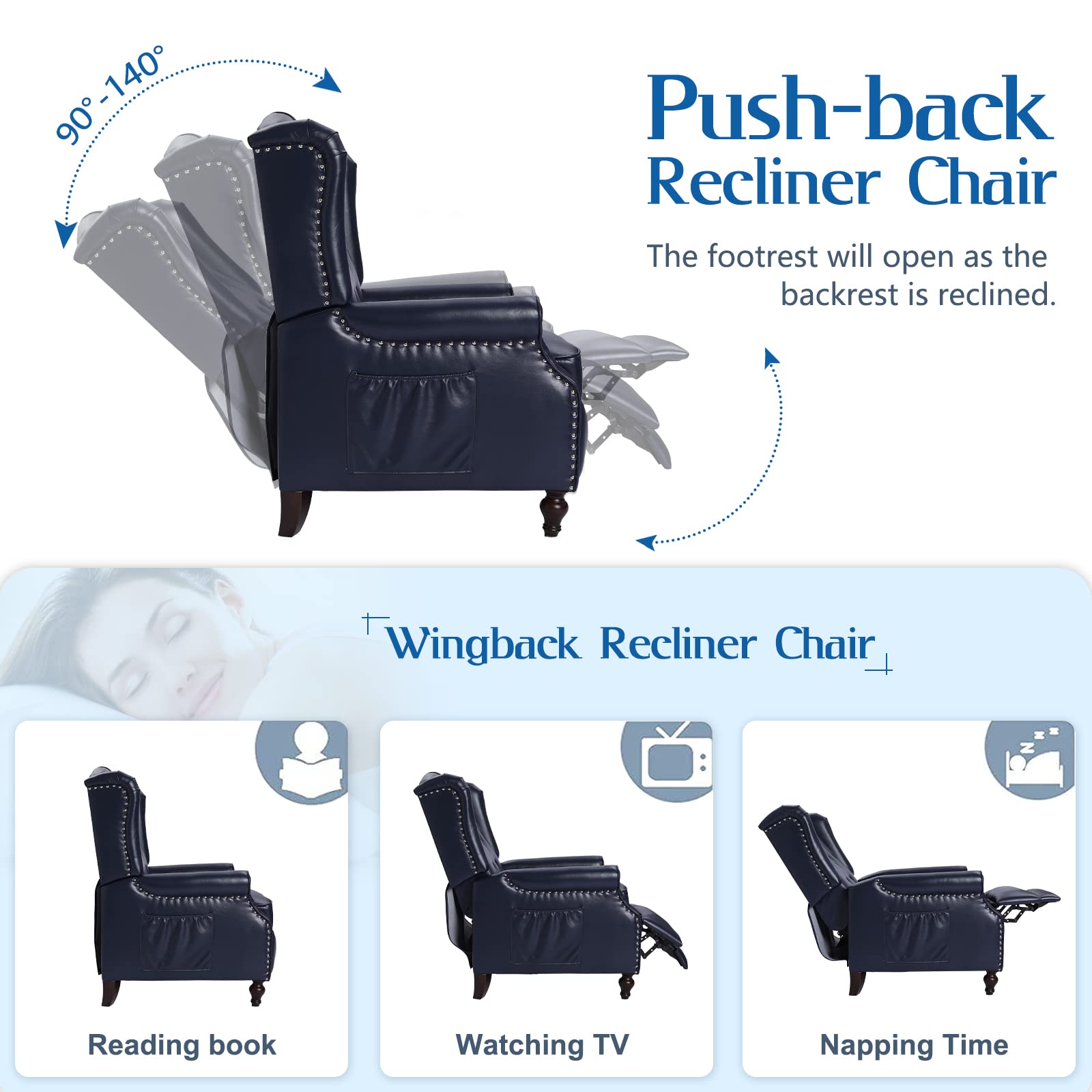 Wingback Chair with Massage and Heat, Tufted Fabric Pushback Recliner Chair, Wingback Recliner Chair with Remote Control, Padded Cushion, Wooden Legs, Small Recliners for Small Spaces