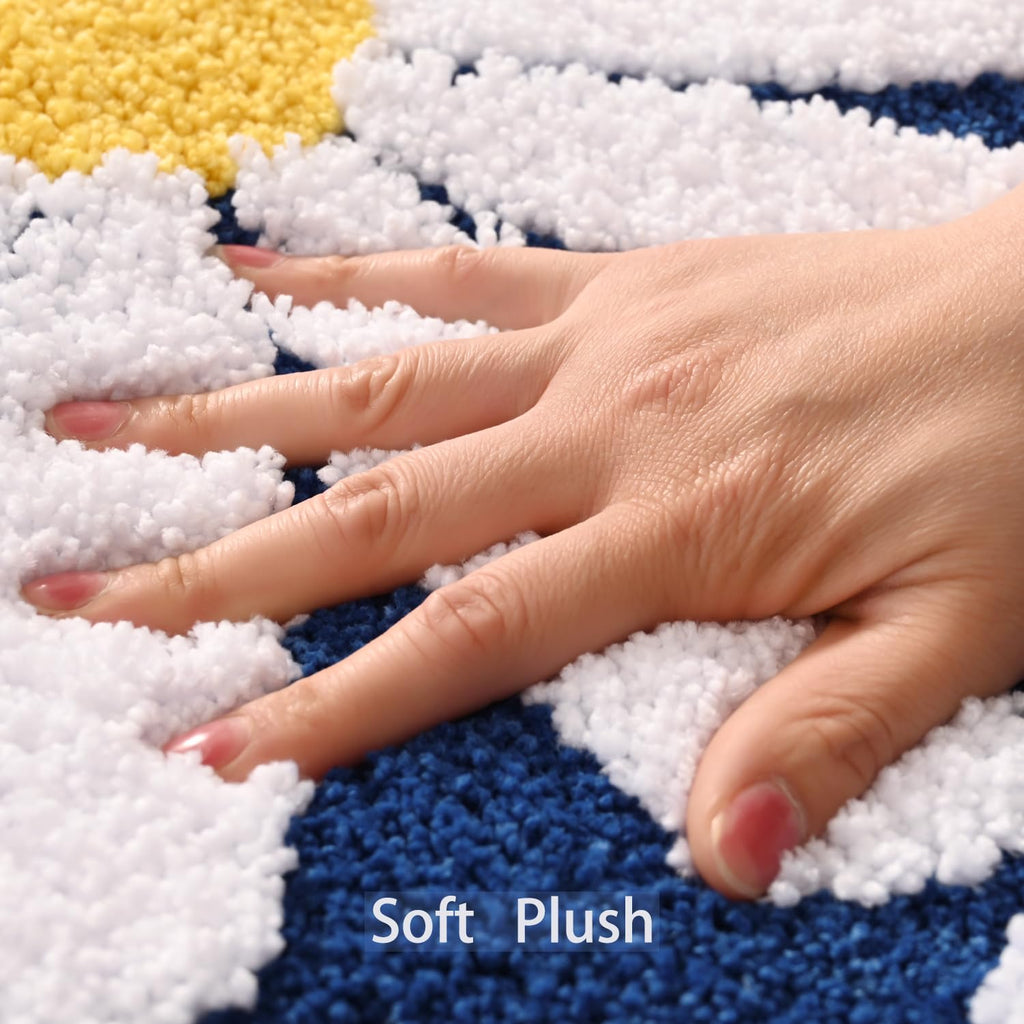 QJHOMO Beige Bathroom Rugs Cute Daisy Bath Mat White and Yellow Flower Decor Rug Non Slip Floor Carpet Microfiber Bathmat Super Absorbent Machine Washable Bathtub Mats for Shower (16x24 inch)