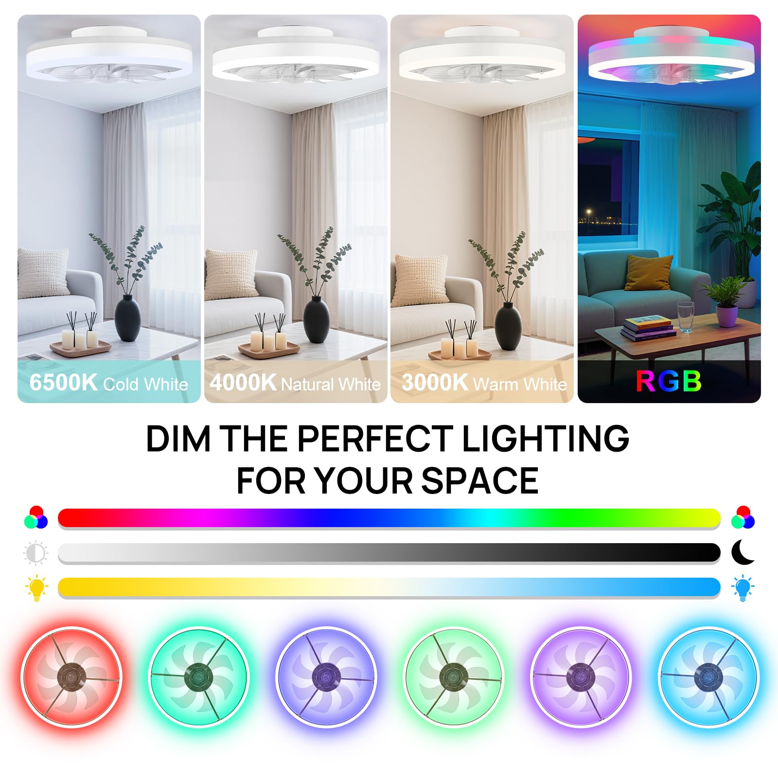 16 Inch RGB Low Profile Ceiling Fans with Lights, Modern Flush Mount Fandelier Chandelier Fixture, Remote & APP Control, Black LED Ceiling Fan Light for Bedroom, Living Room, Kitchen Indoor
