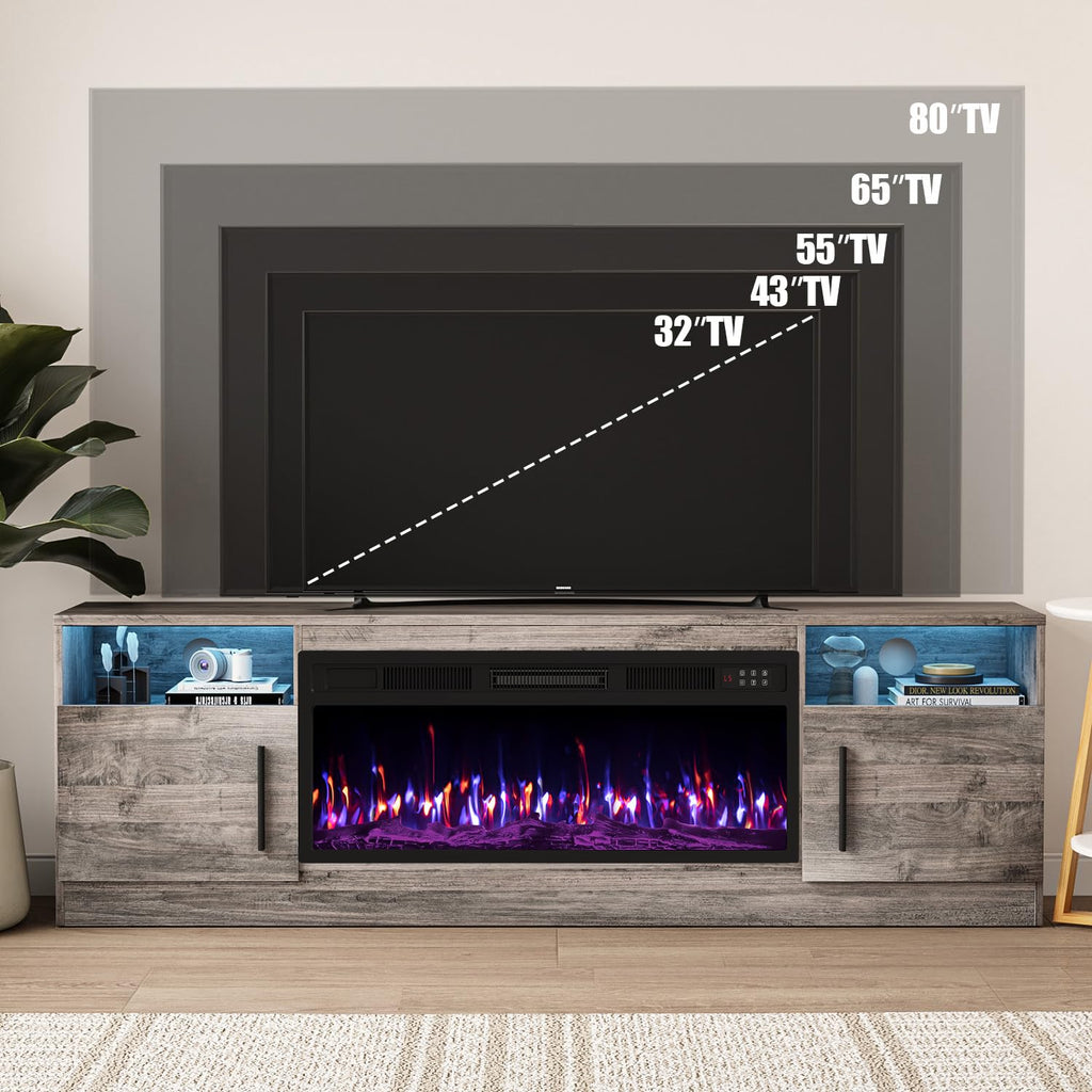 VITESSE 58 Inches Fireplace TV Stand for TVs up to 65 Inches Console with 18'' Electric Fireplace & Remote,Wooden Modern Entertainment Center for Living Room with LED Light Glass Shelves（Bei）
