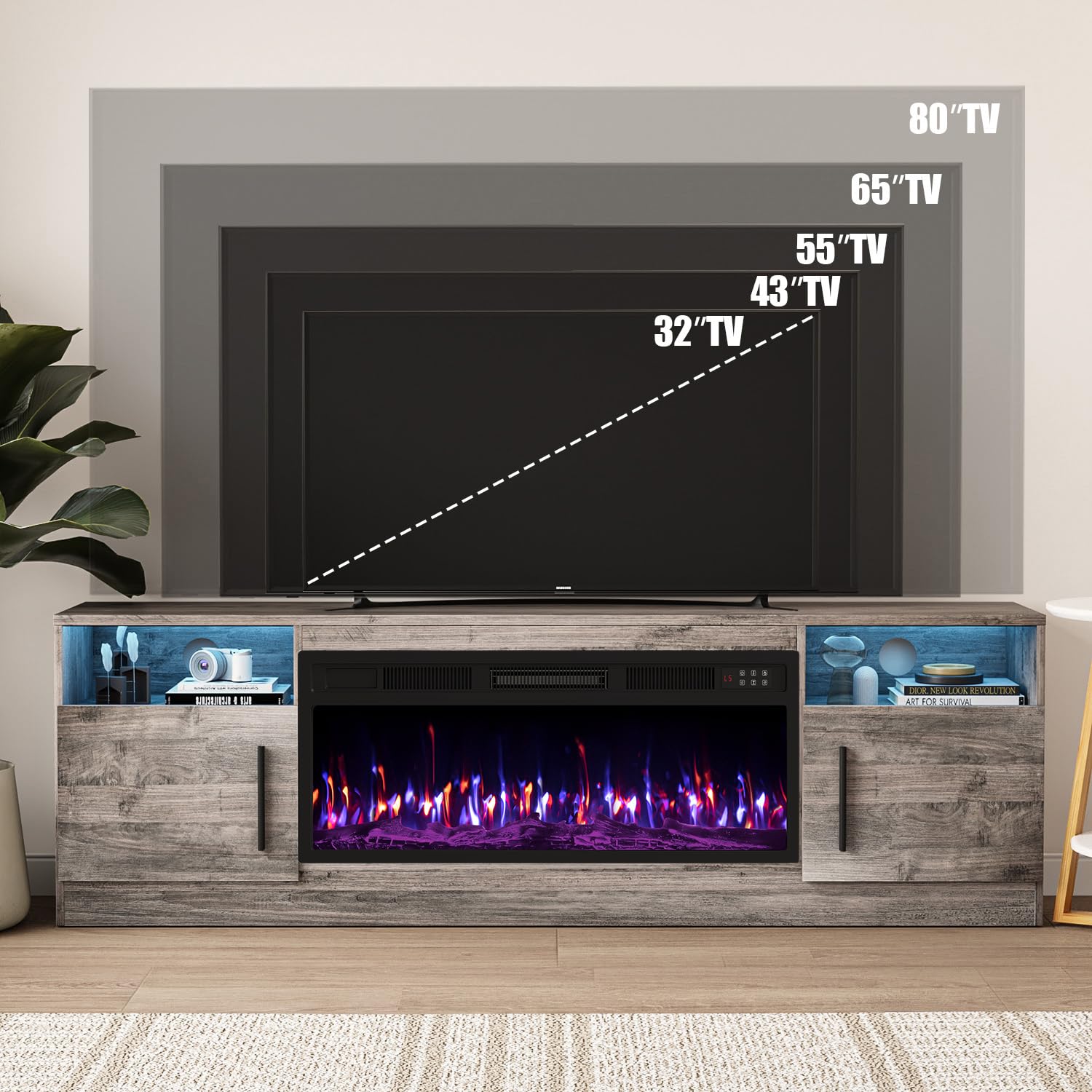 VITESSE 58 Inches Fireplace TV Stand for TVs up to 65 Inches Console with 18'' Electric Fireplace & Remote,Wooden Modern Entertainment Center for Living Room with LED Light Glass Shelves（Bei）