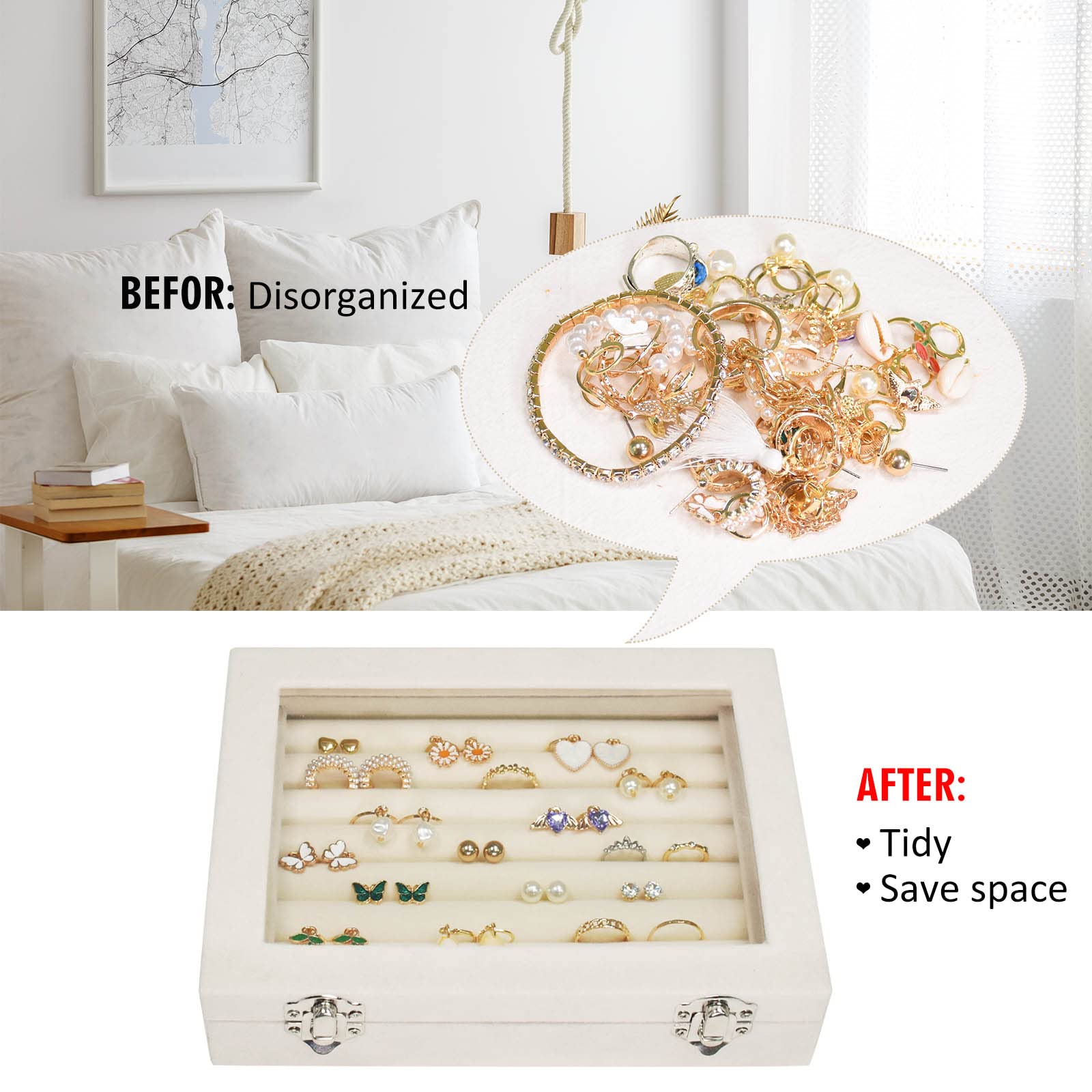 Vicoter Rings Organizer Tray 7 Slots Velvet Jewelry Earring Storage Box with Transparent lid Jewelry Display Case for Girls Wife Mom Women (Beige)