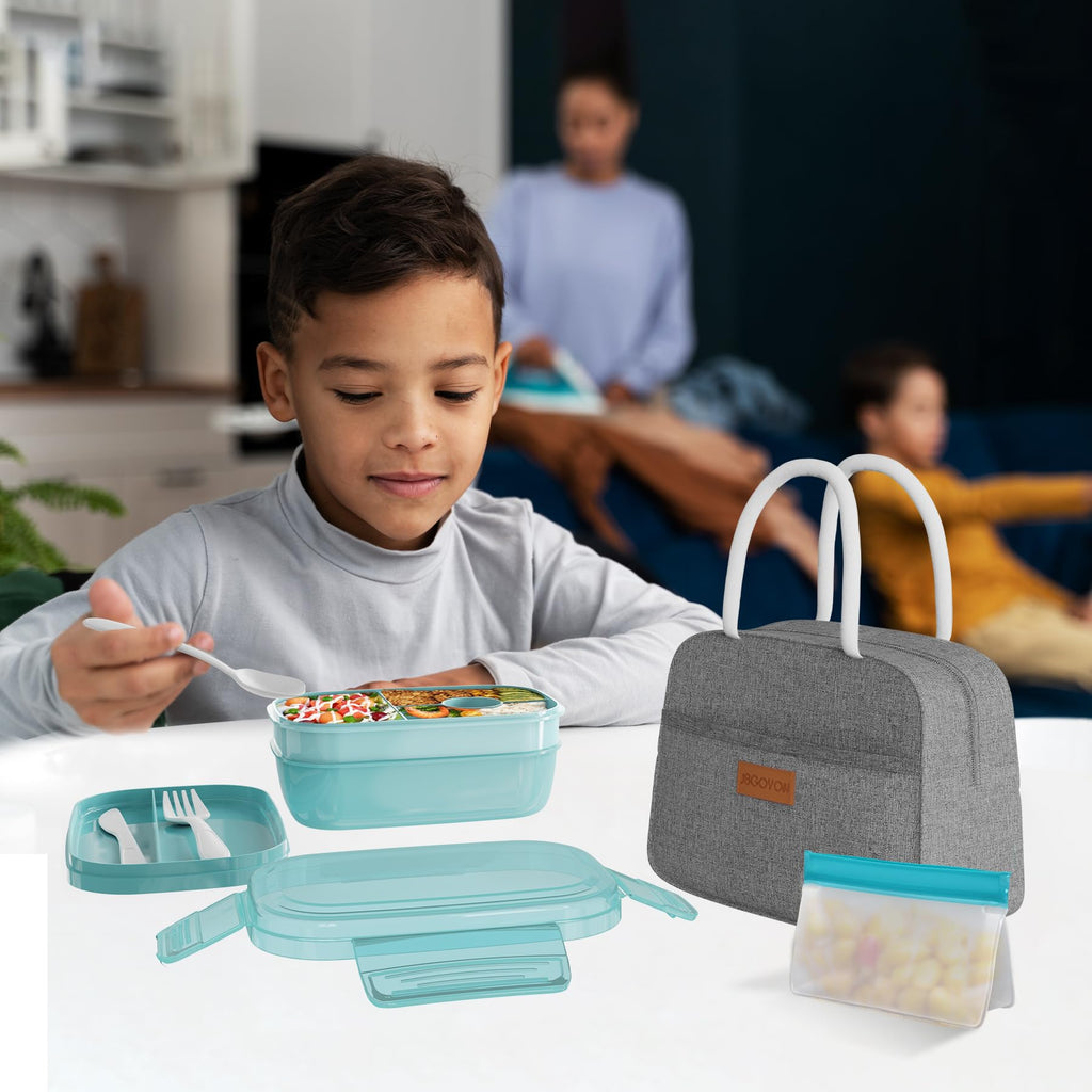 JBGOYON® Bento Lunch Box Set - 3 Stackable Containers for Adults and Kids- Includes Lunch Bag, Leak-Proof and BPA-Free - Built-in Utensil Set and Snack Bag - Dishwasher Safe(Grey Black)