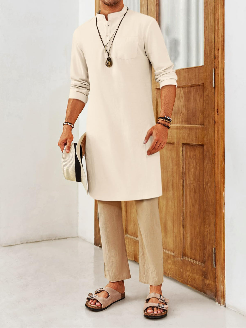 Gafeng Mens Kaftan Robe Button Down Long Sleeve Henley Cotton Thobe Casual Side Split Gown Shirt