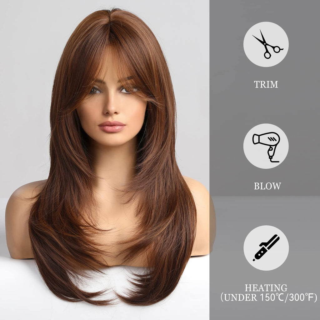 HAIRCUBE Auburn Wigs for Women,Long Layered Orange Wigs with Bangs Heat Resistant Synthetic Fibre Wigs(pelucas de cabello natural)
