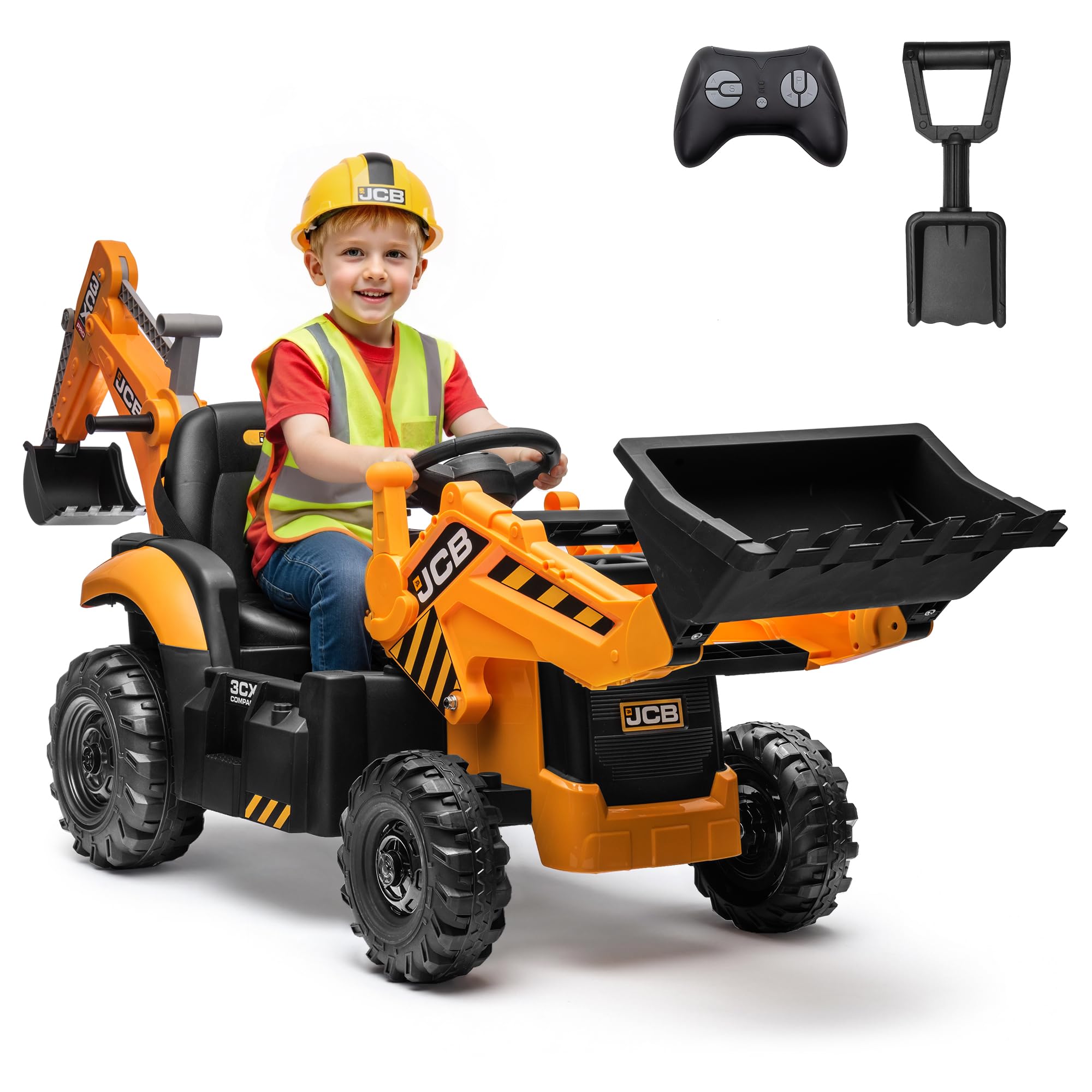 24V JCB Ride On Excavator for Kids, 3-in-1 Ride On Backhoe Digger with Front Loader & Rear Arm, Remote Control, Slow Start/Stop, Adjustable Speeds, Electric Construction Vehicle Toy for Ages 3–8