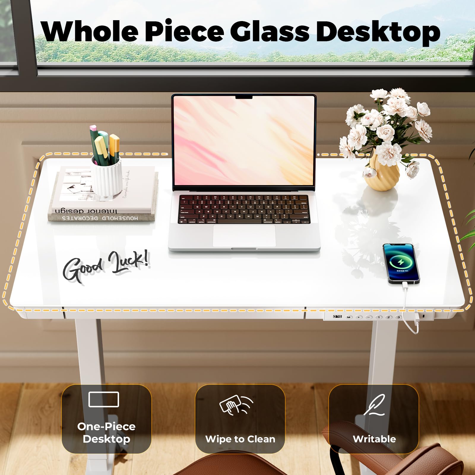 Glass Electric Standing Desk with Drawer, 35" x 20" Whole Piece Tabletop Samll Sit Stand Table, Height Adjustable Workstation with Storage & USB Ports, Quick Install Home Office Desk
