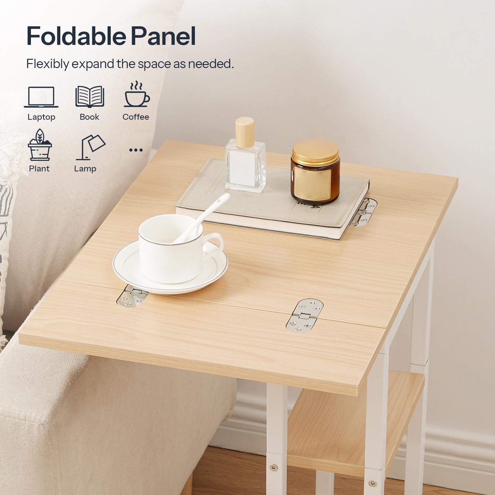 HOOBRO Foldable C Shaped End Table, C Shaped Side Table with Storage Shelf, Small Snack Table, Slide Under Couch Table for Sofa, Living Room Bedroom Small Spaces Easy Assembly, Black BK29SF01