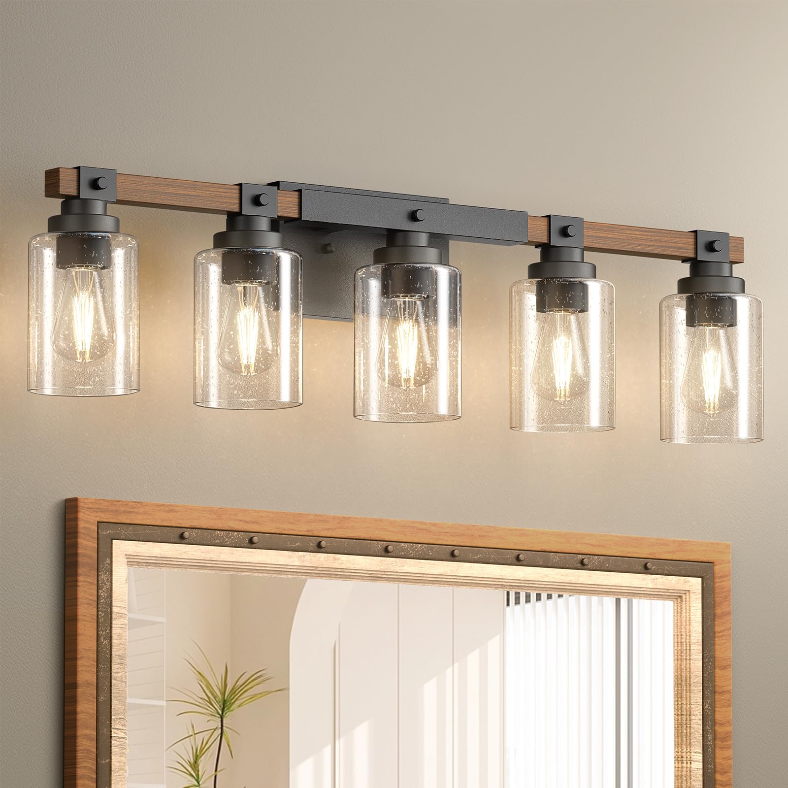 Amico 3-Light Farmhouse Vanity Light Fixture, Rustic Wood Bathroom Light Fixtures, Industrial Vintage Black Wall Sconces Lights with Bubble Glass Shade for Mirror, Bedroom, Living Room, Hallway