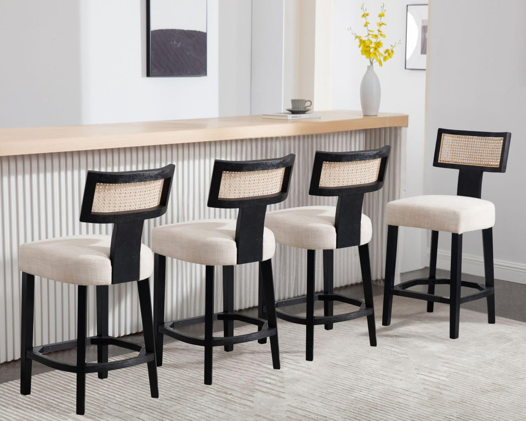 Farmhouse 30'' Extra Tall Bar Stools Set of 2 Modern Counter Height Barstools with Backs Rustic Wood Bar Stools Linen Upholstered Counter Chairs Kitchen Island Stool Chairs with Wood Frame, Beige