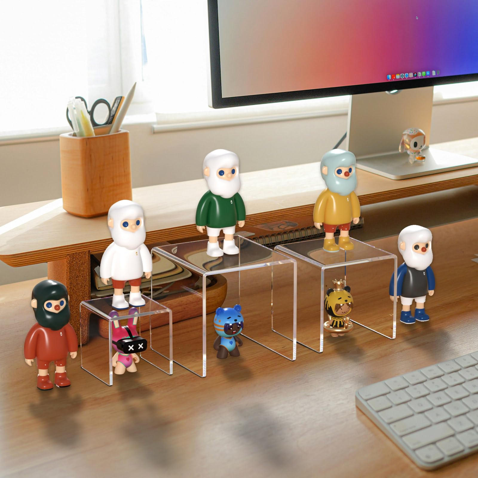 NIUBEE Acrylic Display Risers Stand 2 Sets,3 Steps Clear Riser Shelf Showcase for Amiibo Funko POP Figures -3"x3"x4"