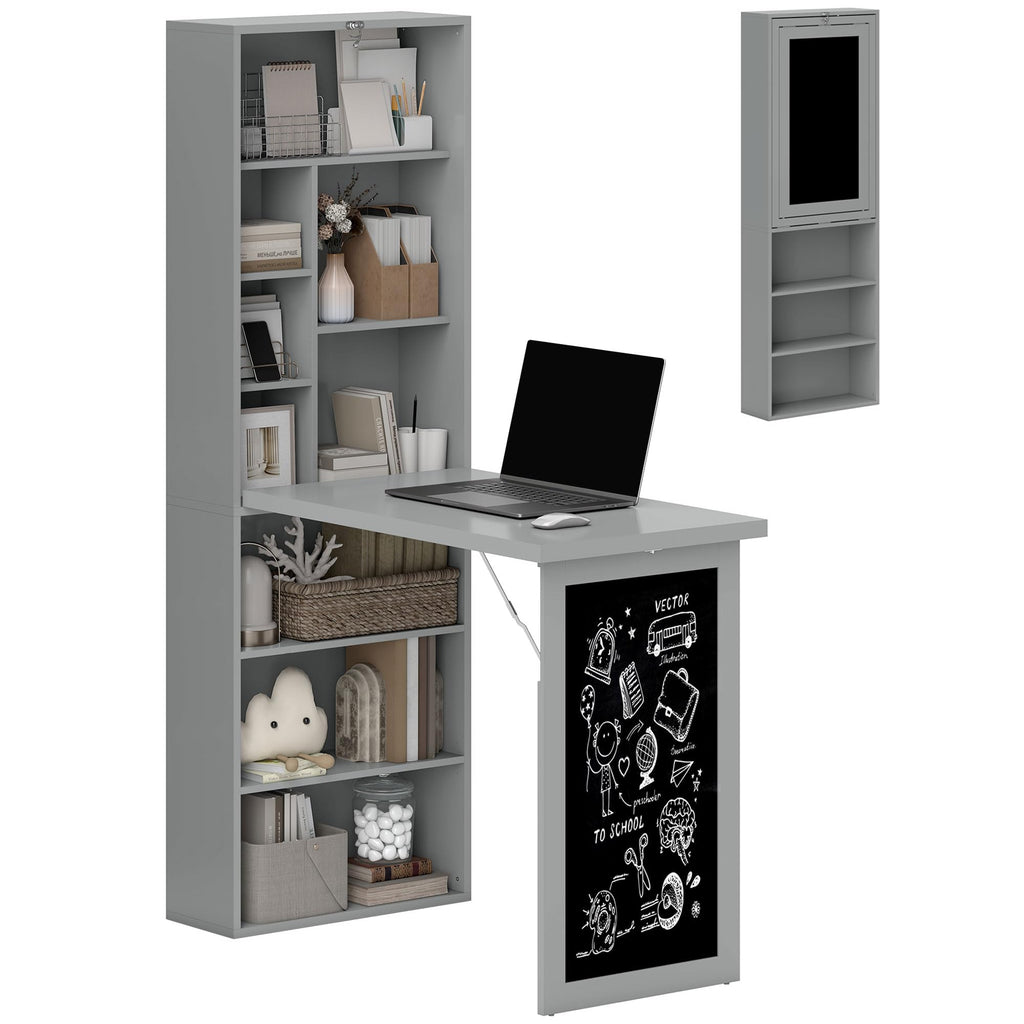 HOMCOM Foldable Convertible Writing Table, Wall Mounted Space-Saving Computer Desk with Chalkboard and Storage Shelves for Small Spaces, Home Office, Bedroom, Dorm, Apartment, Black