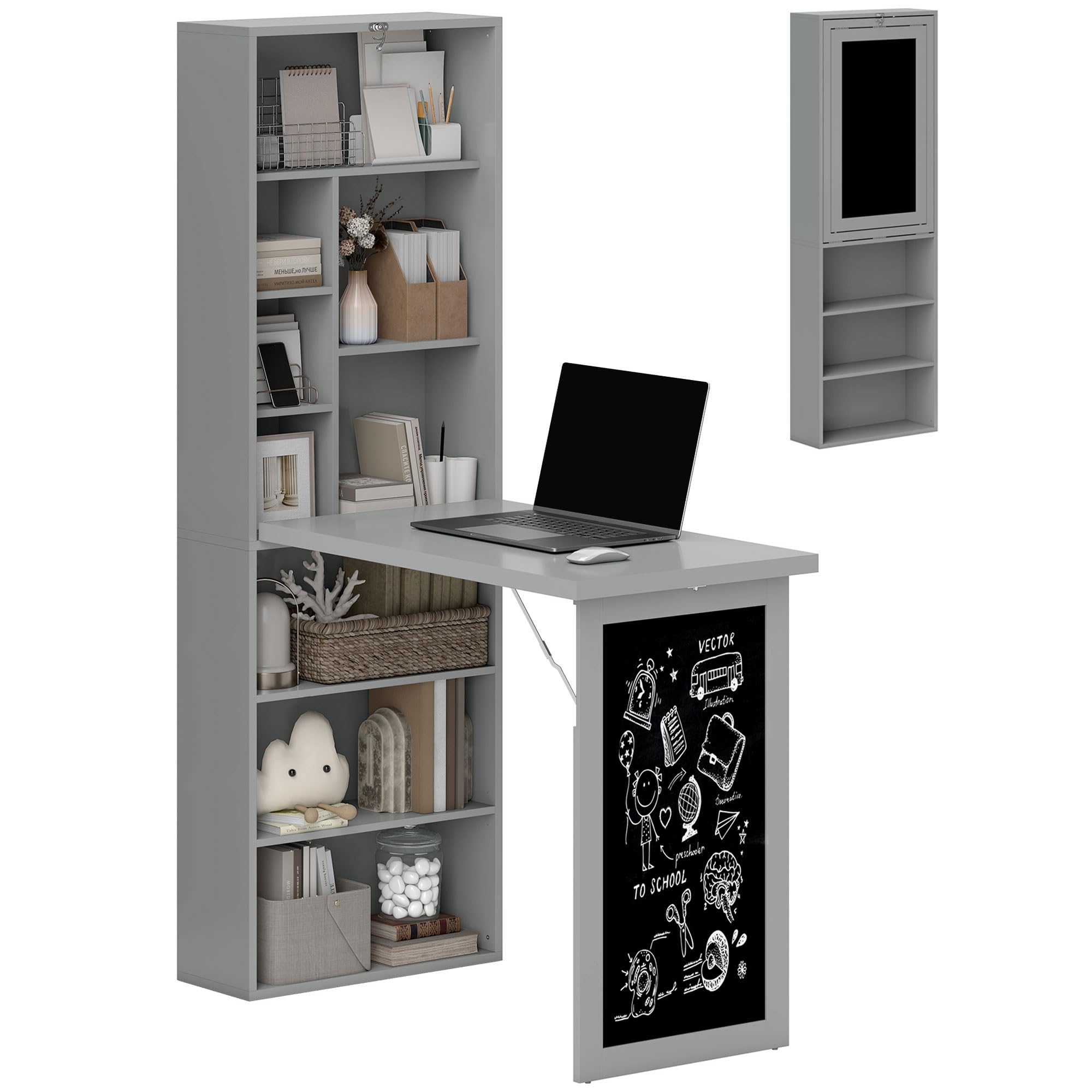 HOMCOM Foldable Convertible Writing Table, Wall Mounted Space-Saving Computer Desk with Chalkboard and Storage Shelves for Small Spaces, Home Office, Bedroom, Dorm, Apartment, Black