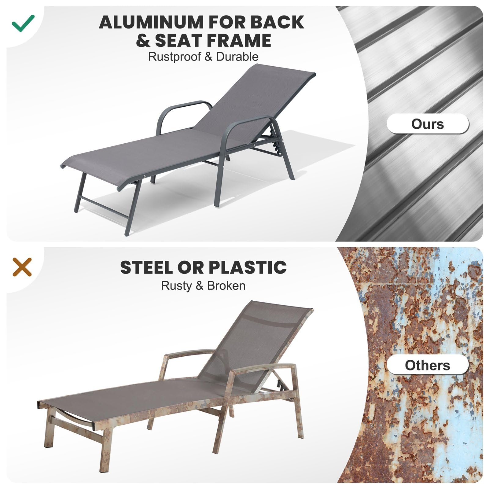 Crestlive Products Chaise Lounge Chair Outdoor with Armrests, Pool Lounge Chairs Set of 2, Aluminum Adjustable 5 Positions Sun Tanning Lounger for Patio, Poolside, Yard, Deck, Backyard (Beige)