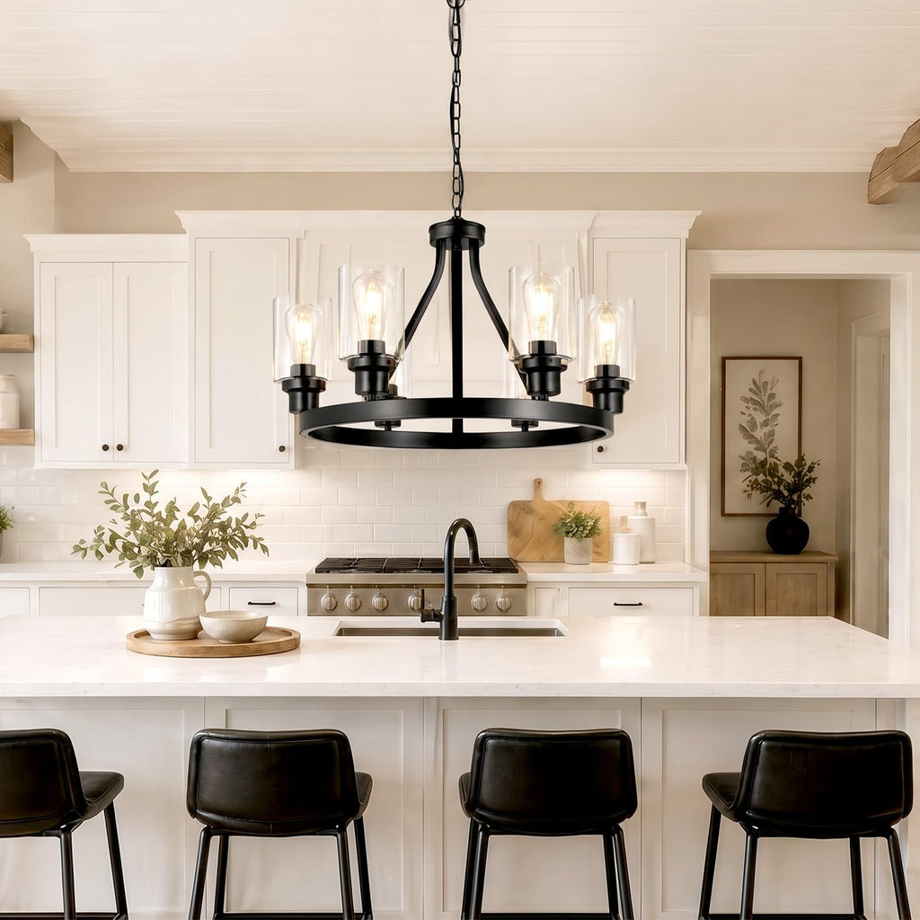Lanhall 6-Light Modern Dining Room Light Fixture Brushed Nickel Kitchen Chandelier Ceiling Hanging Pendant Lighting with Glass Shade for Living Room Bedroom Entryway Adjustable Height Metal E26