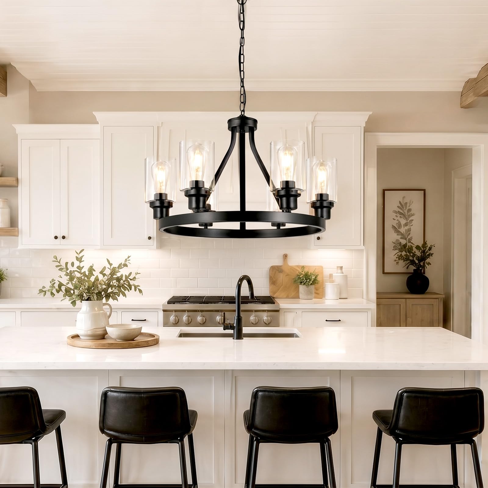 Lanhall 6-Light Modern Dining Room Light Fixture Brushed Nickel Kitchen Chandelier Ceiling Hanging Pendant Lighting with Glass Shade for Living Room Bedroom Entryway Adjustable Height Metal E26
