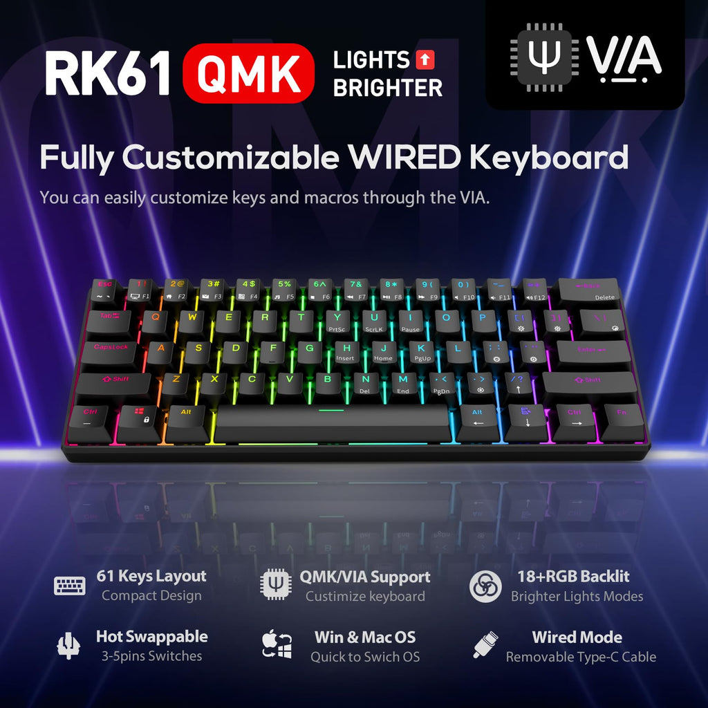 RK ROYAL KLUDGE RK61 Wired 60% Mechanical Gaming Keyboard Programmable QMK/VIA RGB Backlit 61 Keys Ultra-Compact Hot Swappable Brown Switch Black