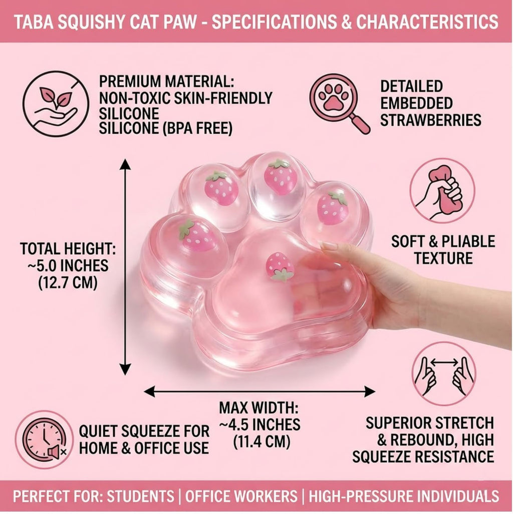 Oversized 𝟱 Inch Pink Cat Paw Squishy Toy/Strawberry Decor Taba Squishy Cat Paw/Soft Silicone Taba Squishy Paw Stress Relief Fidget Toy/Cute Desktop Ornament for Adults/Ideal Gift for Office & Study