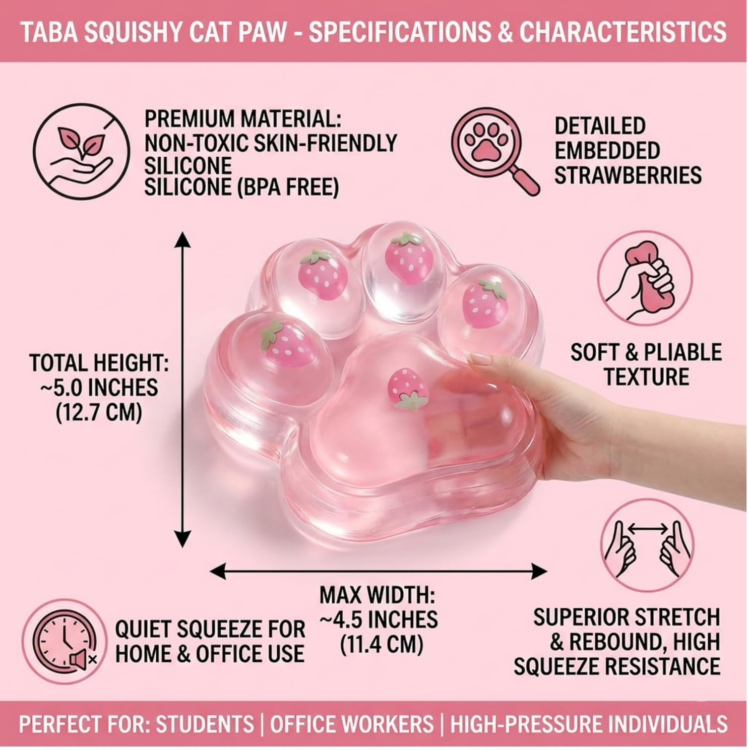 Oversized 𝟱 Inch Pink Cat Paw Squishy Toy/Strawberry Decor Taba Squishy Cat Paw/Soft Silicone Taba Squishy Paw Stress Relief Fidget Toy/Cute Desktop Ornament for Adults/Ideal Gift for Office & Study