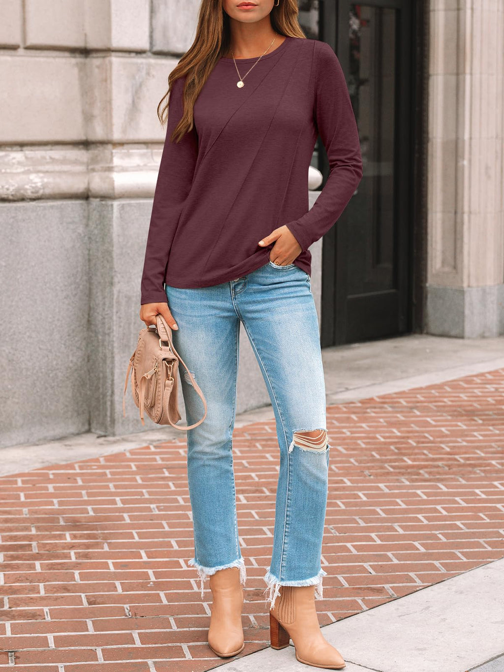 AUTOMET Womens Long Sleeve Shirts Pleated Tunics Fall Fashion Crewneck Tops
