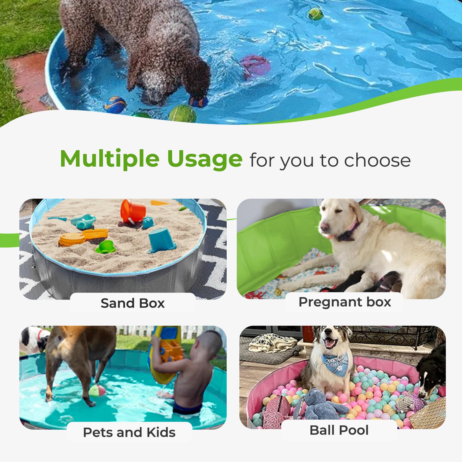 Foldable Dog Pool, Hard Plastic Kiddie Pool for Dogs, Collapsible Dog Pool with Rigid PP Core, Non-Slip PVC, Durable Pet Bath Tub for Indoor/Outdoor Backyard, 32" Green