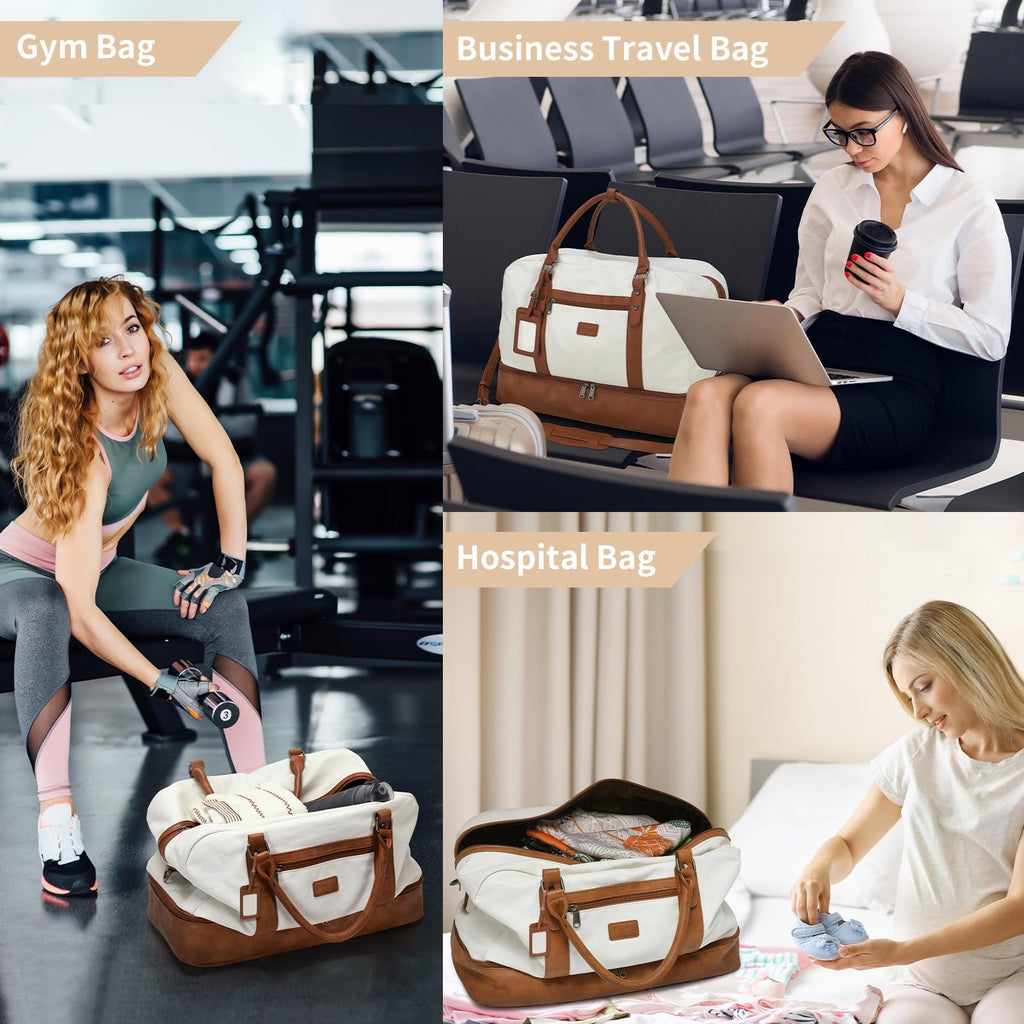 Wogarl 4PCS Weekender Bags for Women Large Overnight Weekend Travel Duffel Carry on Shoulder with Shoe Compartment Canvas Toiletry Bag for Travel Business Gym