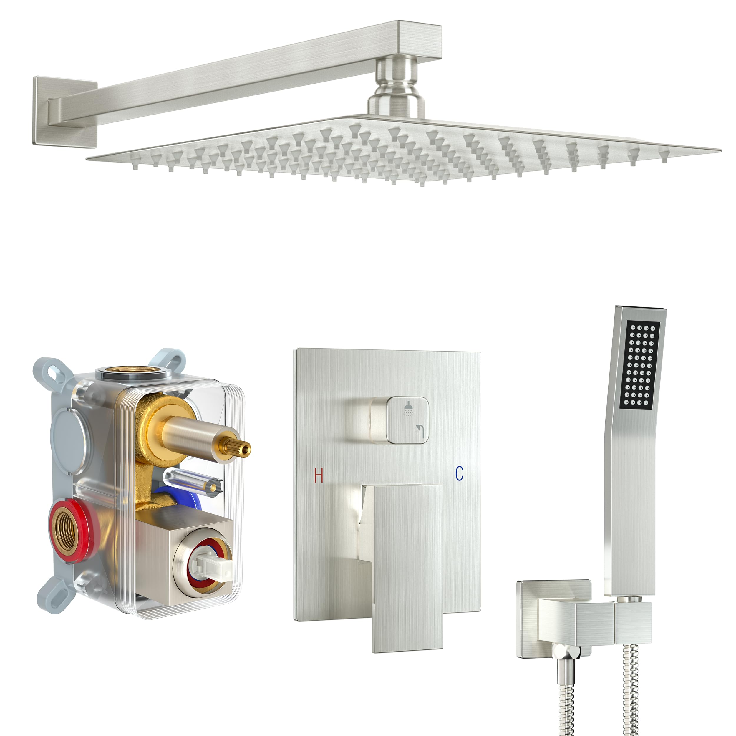 Brushed Gold Shower System with 10-Inch Rain Showerhead and Tub Spout | cUPC-certified pressure balance brass valve to prevent scalding, CEC-certified air injection technology for low pressure
