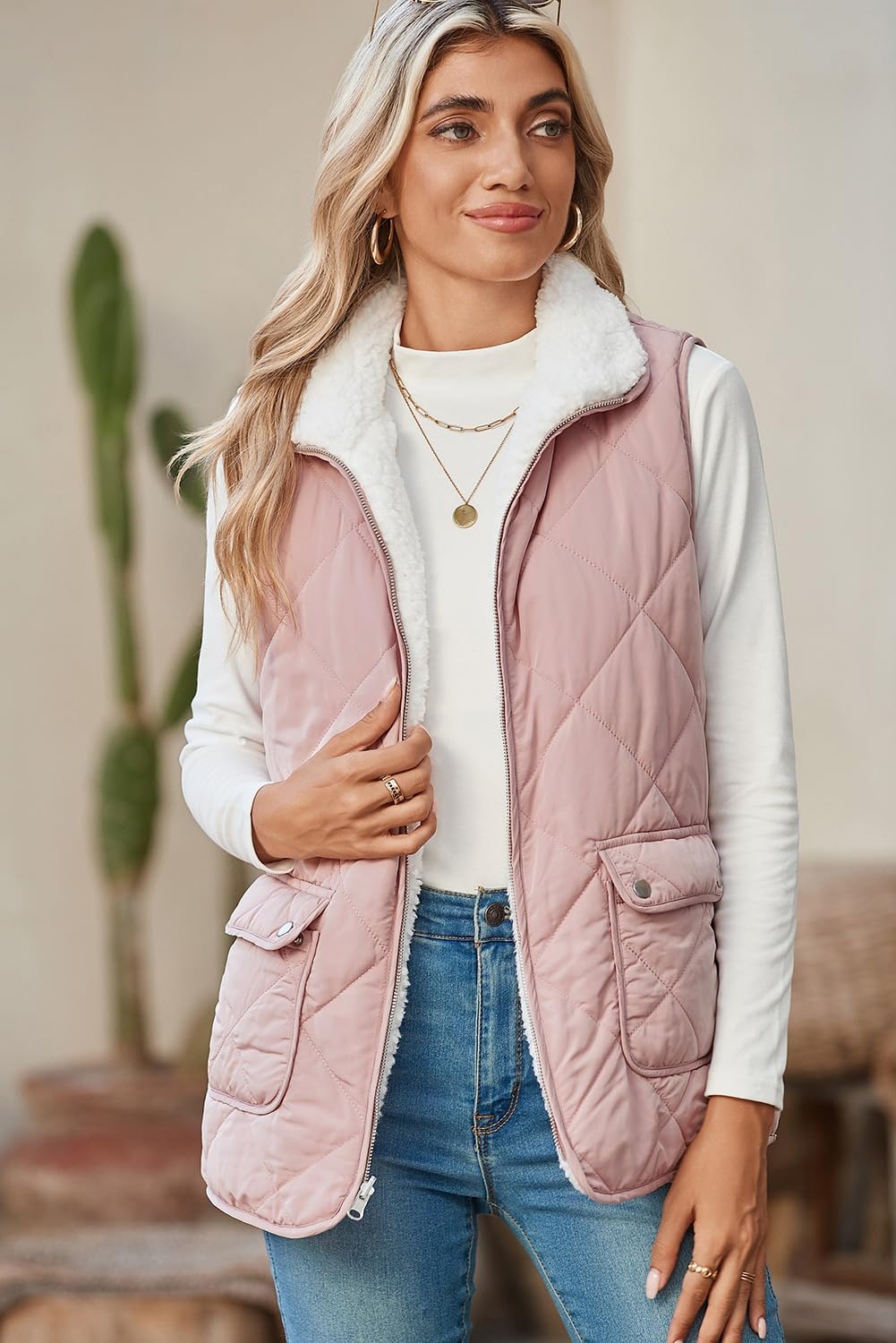 SHEWIN Women Puffer Vest Casual Stand Collar Sleeveless Puffer Jacket Warm Winter Reversible Zip Up Outerwear with Pockets