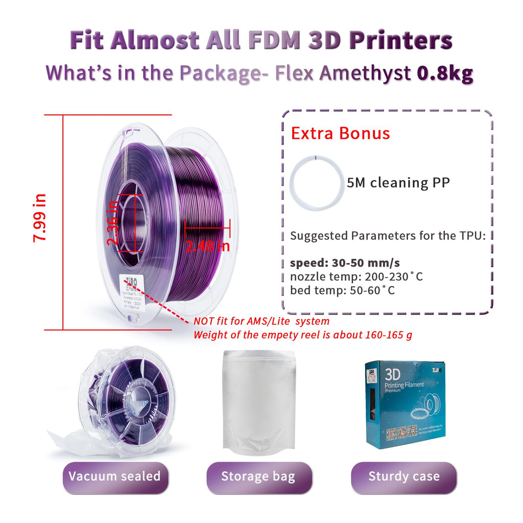 ZIRO TPU Filament 1.75mm 3D Printer Filament, Shore 95A Hardness TPU, Flexible Soft Material, 0.8KG/1.8lbs Spool, Fit Most FDM 3D Printers, Black